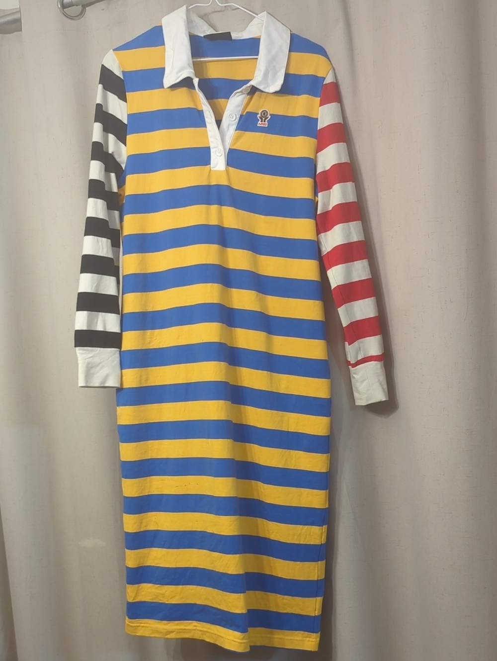 Melody Ehsani Yellow and Blue Striped Polo Dress with Mixed-Stripe Sleeves